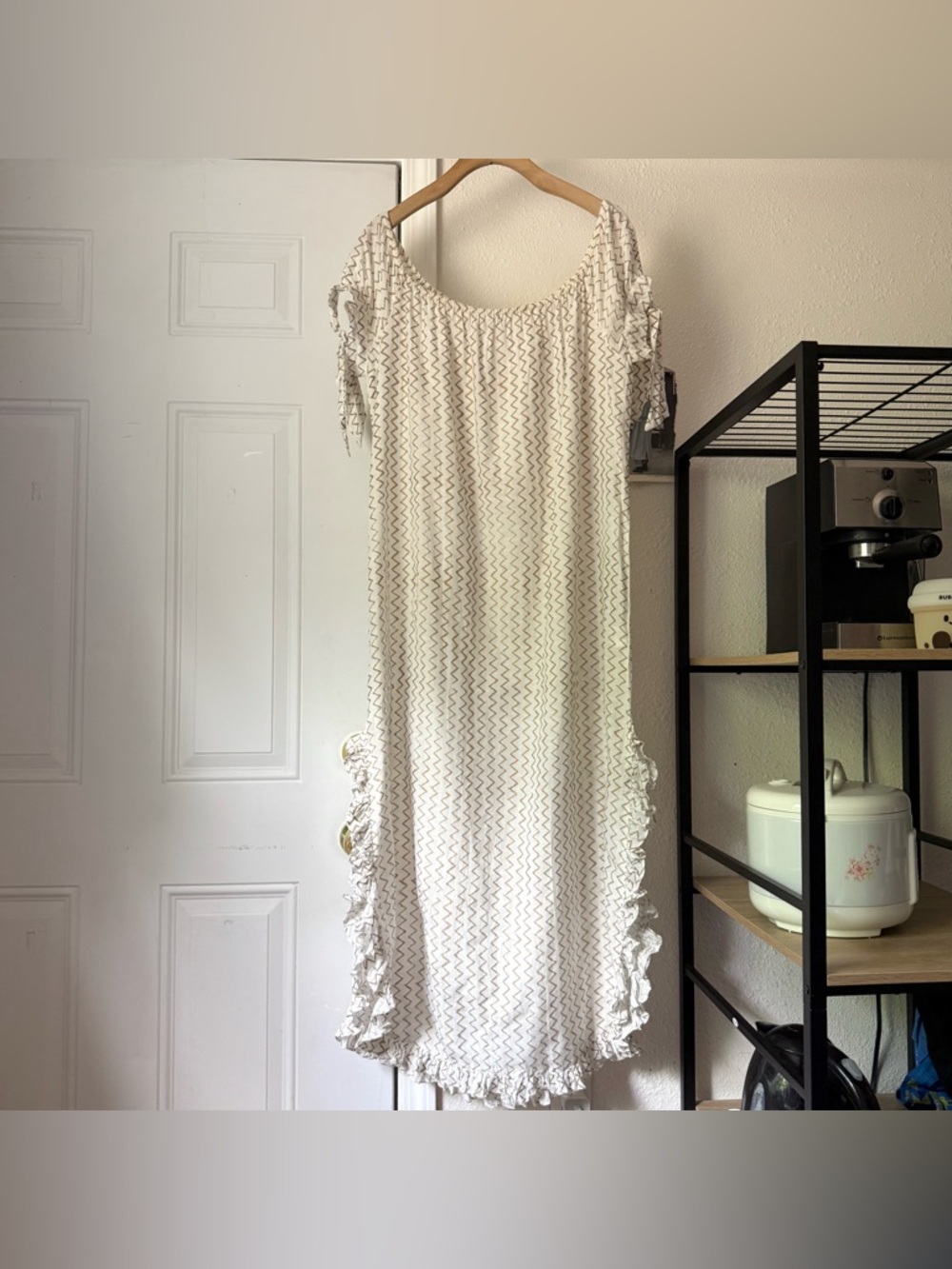 JOSHI‎ white off gold chevron zig zag off shoulder semi sheer maxi dress